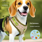 Beagle dog wearing breathable adjustable no-pull polyester harness with stylish avocado pattern and matching pendant set